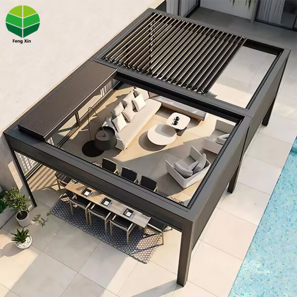 靠墙1 Fully Automatic Retractable Aluminum Pergola with Waterproof Louvered Roof