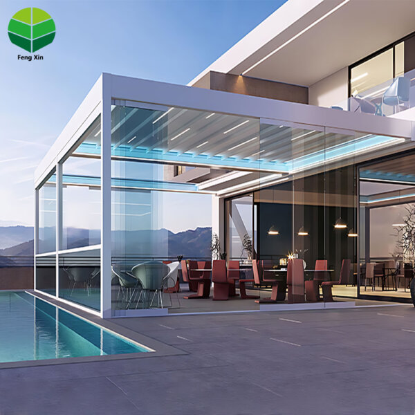 靠墙2 Fully Automatic Retractable Aluminum Pergola with Waterproof Louvered Roof