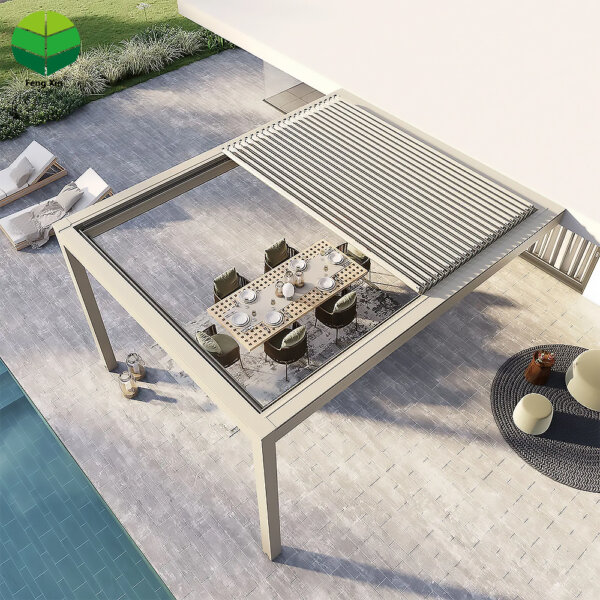 靠墙5 Fully Automatic Retractable Aluminum Pergola with Waterproof Louvered Roof