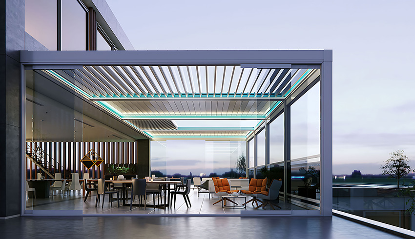 Retractable louvered pergola concept for a modern patio