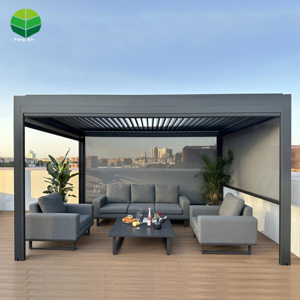 翻转百叶主图3-丰辛-国际站10 Outdoor Freestanding Motorized Aluminum Louvered Bioclimatic Pergola Gazebo Canopy Rolling Curtains Powder Coated Customizable