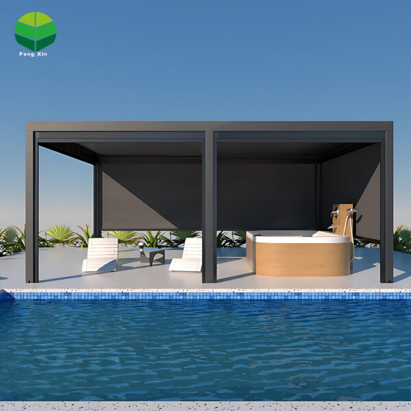 翻转百叶主图3-丰辛-国际站2 Outdoor Freestanding Motorized Aluminum Louvered Bioclimatic Pergola Gazebo Canopy Rolling Curtains Powder Coated Customizable