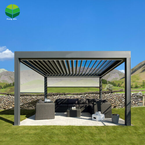 Outdoor Freestanding Motorized Aluminum Louvered Bioclimatic Pergola Gazebo Canopy Rolling Curtains Powder Coated Customizable