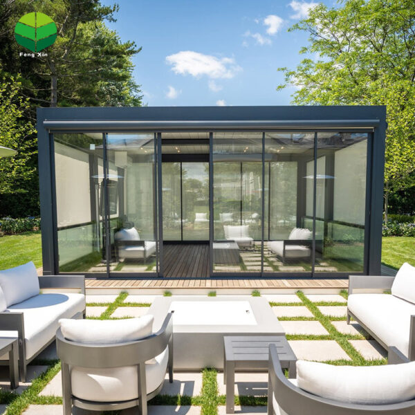 翻转百叶主图3-丰辛-国际站22 New Arrival Tempered Glass Doors and Windows Modern Outdoor Garden Aluminium Louvered Pergola with Motorized Pergola