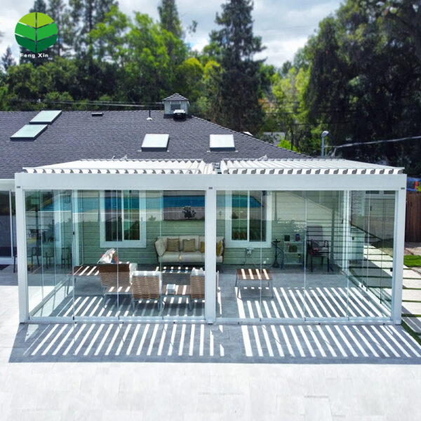 翻转百叶主图3-丰辛-国际站27 New Arrival Tempered Glass Doors and Windows Modern Outdoor Garden Aluminium Louvered Pergola with Motorized Pergola