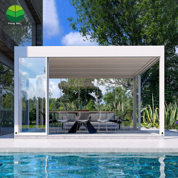 翻转百叶主图3-丰辛-国际站28 New Arrival Tempered Glass Doors and Windows Modern Outdoor Garden Aluminium Louvered Pergola with Motorized Pergola