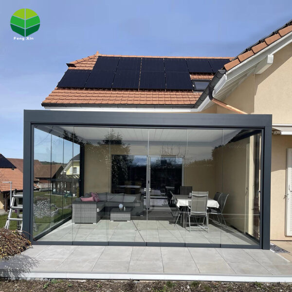 翻转百叶主图3-丰辛-国际站29 New Arrival Tempered Glass Doors and Windows Modern Outdoor Garden Aluminium Louvered Pergola with Motorized Pergola