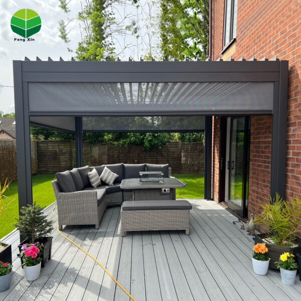 翻转百叶主图3-丰辛-国际站8 Outdoor Freestanding Motorized Aluminum Louvered Bioclimatic Pergola Gazebo Canopy Rolling Curtains Powder Coated Customizable
